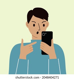 Hombre enojado con teléfono móvil, vista frontal. Indica el teléfono. Noticias. Smartphone y adicción a internet. Ilustración vectorial.