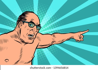 an angry man with a naked torso points. Pop art retro vector illustration kitsch vintage