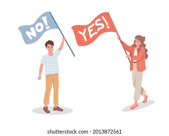 Angry man with No flag and smiling woman with Yes flag vector flat illustration. Protesting man and supporting woman with flags. Social movement, meeting, demonstration, activism, voting concept.