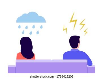 Angry man and offended cry woman in quarrel. Couple sit back to back. Problems partners in relationship, misunderstanding, conflict. Husband and wife at odds. Concept of divorce, crisis. Vector flat