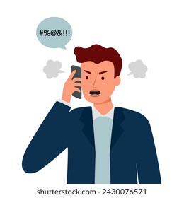 Angry man on phone in flat design. Businessman upset speaking on mobile.