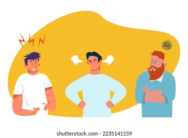 Angry man person, vector illustration. Cartoon emotion expression, smoke from male character ears, people with annoyed face portrait.