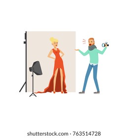 Angry man photographer with camera yelling at model girl in long red dress. Professional studio with equipment soft box and backdrop on stand. Isolated flat vector