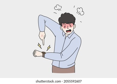 Angry man point at hand watch notify about missed deadline. Mad furious businessman show time on clock note being late for work. Job delay, time management. Flat vector illustration, pop art. 