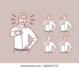 Angry man pointing his finger and shouting. Hand drawn style vector design illustrations.