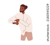 Angry man pointing at time on hand watch. Impatient irritated person is late and hurry up, showing clocks, wristwatch. Deadline concept. Flat vector illustration isolated on white background
