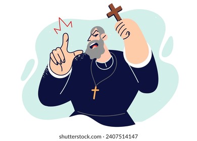 Angry man priest calls for anathema and renunciation of church, pointing finger at screen and waving wooden crucifix. Christian shepherd wishes anathema or talks about approaching day of judgment