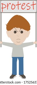 Angry Man with "Protest" Sign, vector illustration