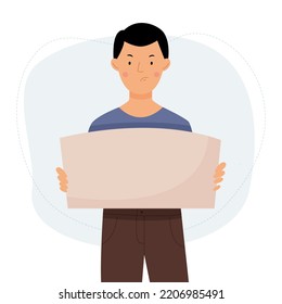 Un hombre furioso protesta y sostiene un cartel en blanco. Niño sosteniendo un afiche en blanco con un lugar para el texto. Ilustración plana vectorial.