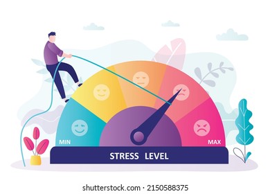 Angry man pulls arrow of stressmeter down. Male character trying to control stress level. Indicator with emoticons shows emotional state. Mental problem. Negative emotions. Flat vector illustration