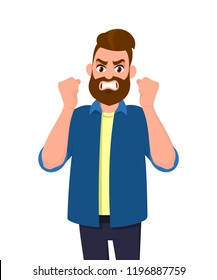 Angry man raised fist and shout or screaming expression. Man expresses negative emotions and feelings, shouts loudly and desperately. Human emotion and body language concept illustration in cartoon.