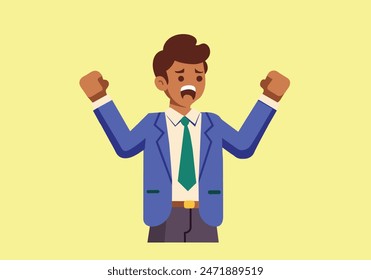 Angry man raised fist and shout or screaming expression. Man expresses negative emotions and feelings, shouts loudly and desperately. Human emotion and body language concept. Hand drawn style vector 