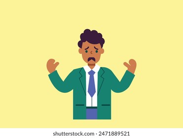 Angry man raised fist and shout or screaming expression. Man expresses negative emotions and feelings, shouts loudly and desperately. Human emotion and body language concept. Hand drawn style vector 