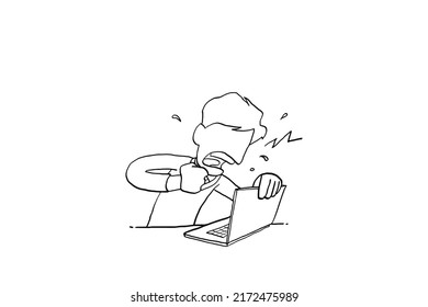 Angry man ready to punch his laptop. Concept for stress at work. Cartoon vector illustration design