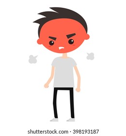 Angry man with red face blows steam. Flat cartoon vector illustration
