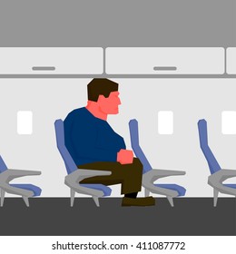 Angry man with red face and clenched fist, too big for seat on plane