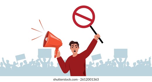 Angry man in red shirt holding megaphone and prohibition sign with protester crowd in background