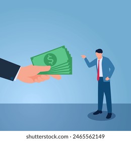 Hombre enojado rechaza el dinero dado por la mano grande de su jefe, ilustración para rechazar el soborno.