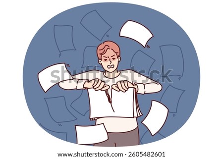 Angry man rips up documents after experiencing burst of aggression due to bureaucracy and stress of doing paperwork. Businessman throwing up documents with bad financial statements.