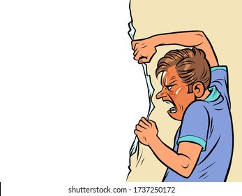 Angry man rips paper wall. Comics caricature pop art retro vector illustration drawing