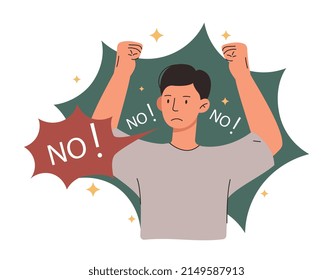 Angry man roaring NO. Young upset guy raises his hands up and shouts. Character refuses and expresses his negative emotions. Dissatisfied or protesting boy. Cartoon modern flat vector illustration