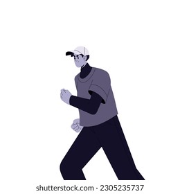Angry man running away, escaping. Aggressive unhappy person, hooligan in bad mood, negative emotion, frowned troubled worried expression. Runaway. Flat vector illustration isolated on white background