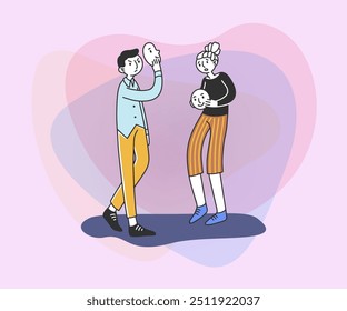 Homem irritado e mulher triste com máscaras positivas. Pessoas deprimidas escondendo suas emoções. Ilustração vetorial para emoção, personalidade, psicologia, disfarce, conceito de depressão