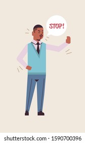 angry man saying STOP speech balloon with scream exclamation negation concept furious screaming african american character showing stop gesture flat full length vertical vector illustration