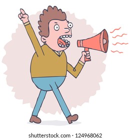 An angry man saying angry things through a megaphone.