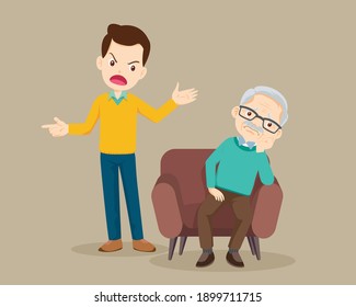 Angry man scold to sad elderly. Aggressive man screams at a scared elderly man. Stop domesic abuse.Family violence and aggression concept.