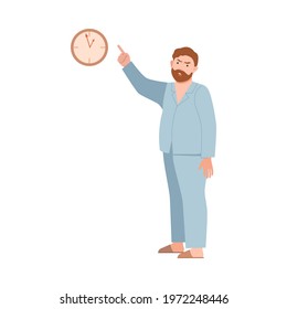 Angry Man Scolding and Yelling at Somebody Pointing Finger at Clock Vector Illustration
