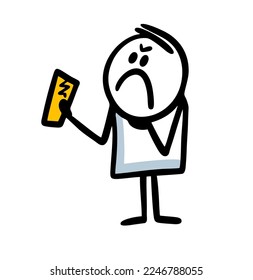 An angry man scowls at the broken glass on his phone. Vector illustration of a frustrated guy with a broken mobile phone.