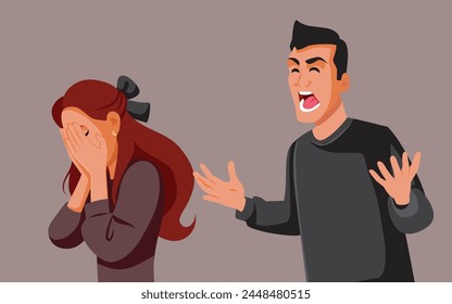 
Angry Man Screaming at His Distressed Girlfriend Vector Cartoon Illustration. Unhappy woman crying because of the mistreat of her abusive husband
