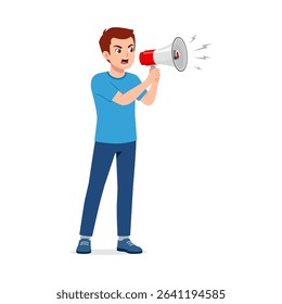 Angry Man Screaming into Megaphone Cartoon Illustration Isolated on White Background