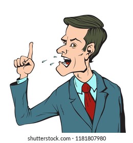 angry man screaming and pointing finger at something