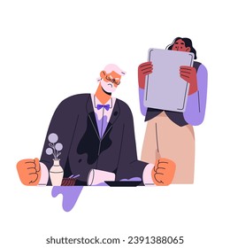 Angry man shed water on himself. Waiter drops tray on visitor. Employee fail, failure in restaurant. Furious and scared people. Bad service flat isolated vector illustration on white background