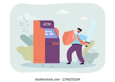 Angry Man With Shield And Sword Standing In Front Of ATM. Failed Withdrawing Of Tiny Person Flat Vector Illustration. Bad Service, Technology Concept For Banner, Website Design Or Landing Web Page