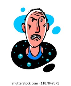 Angry man in a shirt is sitting in a puddle