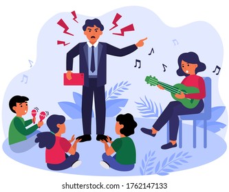 Angry man shouting at kids and woman. Father, mother, children flat vector illustration. Family problems, domestic violence concept for banner, website design or landing web page