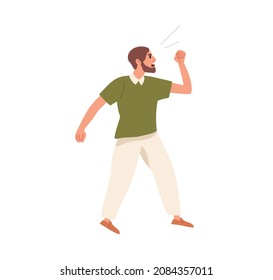 Angry man shouting in rage. Furious annoyed person with irritated face expression, yelling and clenching fist in anger. Discontent aggressive guy. Flat vector illustration isolated on white background