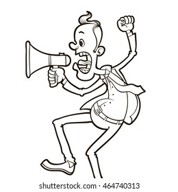 angry man shouting through megaphone, vector illustration