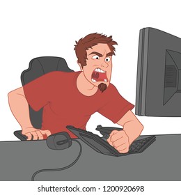 An angry man shouts at the monitor and punches a keyboard