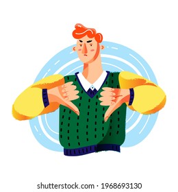 Hombre enojado mostrando sus pulgares hacia abajo o no le gusta. Joven con emociones negativas en desacuerdo, expresiones de gestos de rechazo, desaprobación de mala reacción. Ilustración del carácter vector de la comunicación