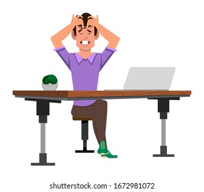 Angry man sitting on chair at a computer desk 