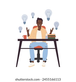 Hombre enojado sentado en la mesa sin ideas, bombillas de luz oscura sobre la cabeza Ilustración vectorial