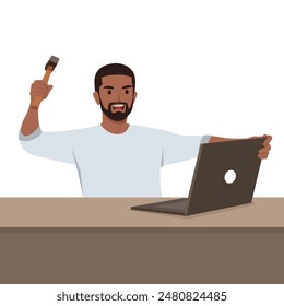 Angry man smashes laptop screen with hammer because of intrusive ads that interfere with surfing Internet. Flat vector illustration isolated on white background