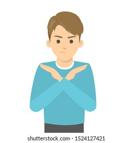 Angry man standing with the crossed arms, no sign. Refuse gesture, negative expression. Isolated vector illustration in cartoon style