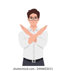 Angry man standing with the crossed arms, no sign. Refuse gesture. Flat vector illustration isolated on white background