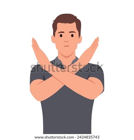 Angry man standing with the crossed arms, no sign. Refuse gesture, negative expression. Flat vector illustration isolated on white background