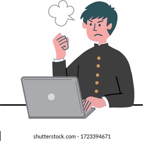 Angry man or student in uniform using laptop computer